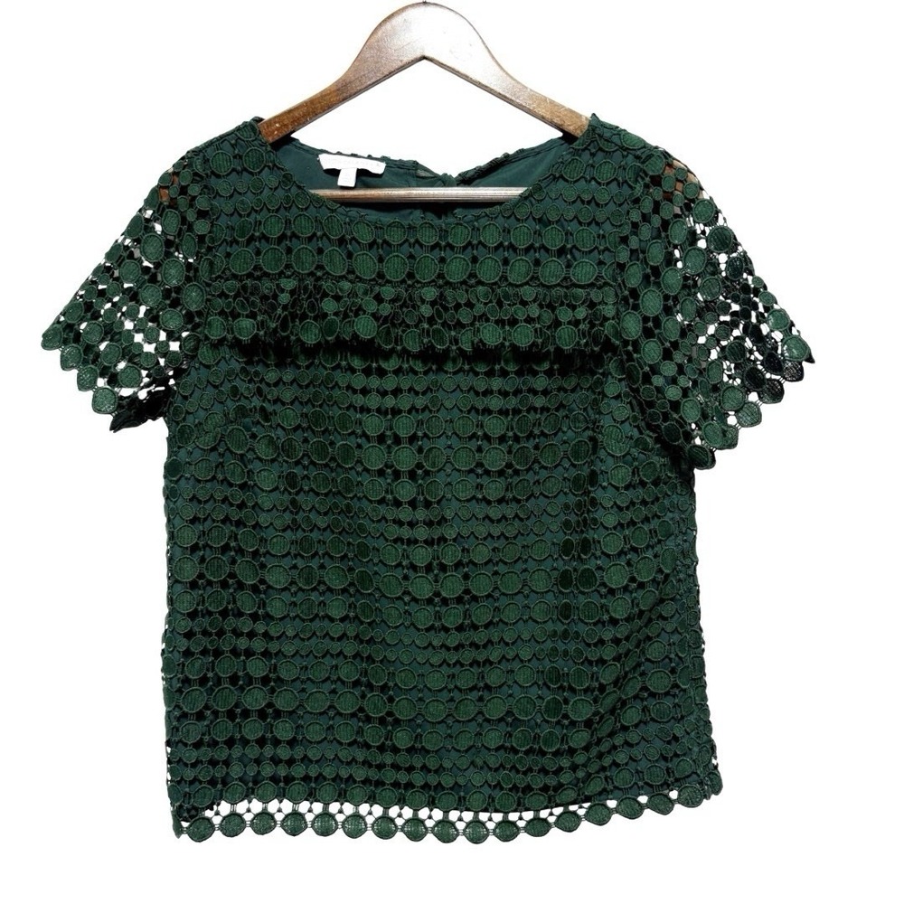 Talbots RSVP Blouse Womens S Petite Dark Green Crochet Overlay Short Sleeve Top